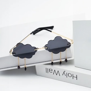 Ochelari de soare pentru femei, model trendy cu norisori, accesorizati cu lantisor si picaturi fashion, tematica I love to party, marime universala, negri - Img 2