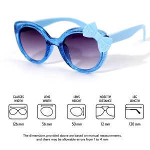 Ochelari de soare pentru fetite, model cu rama semitransparenta accesorizata cu fundita chic, tematica glitter summer, marime universala, albastri - Img 4