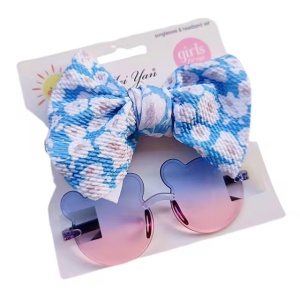 Ochelari de soare pentru fetite, set doua piese, model ursulet prietenos cu funda voluminoasa asortata, imprimeu delicat, tematica cute and fashion, albastru cu roz