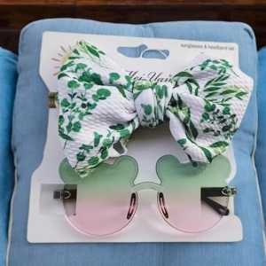 Ochelari de soare pentru fetite, set doua piese, model ursulet prietenos cu funda voluminoasa asortata, imprimeu delicat, tematica cute and fashion, verde cu roz - Img 3