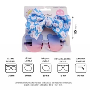 Ochelari de soare pentru fetite, set doua piese, model ursulet prietenos cu funda voluminoasa asortata, imprimeu delicat, tematica cute and fashion, albastru cu roz - Img 4