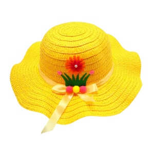 Palarie de soare, copii, model chic de vara pentru fetite, accesorizat cu flori si panglica, prindere sub barbie, margine ondulata, tematica cute summer, marime universala, galbena