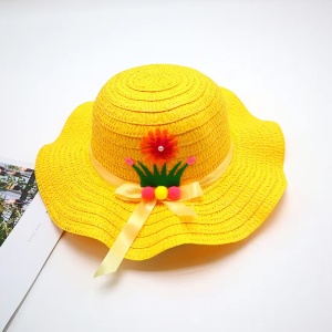 Palarie de soare, copii, model chic de vara pentru fetite, accesorizat cu flori si panglica, prindere sub barbie, margine ondulata, tematica cute summer, marime universala, galbena - Img 2