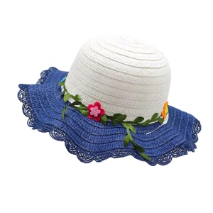 Palarie de soare, copii, model cute de vara pentru fetite, accesorizat cu floricele si frunzulite, prindere sub barbie, margine ondulata, tematica I love flowers, marime universala, albastru inchis