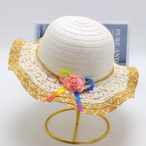 Palarie de soare, copii, model cute elegant pentru fetite, accesorizat cu flori si fundita rainbow, prindere sub barbie, margine ondulata, tematica happy summer, marime universala, mustar - Img 2