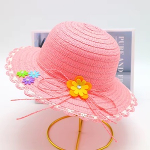 Palarie de soare, copii, model cute elegant pentru fetite, accesorizat cu flori multiple si fundita din sfoara, prindere sub barbie, margine fixa, tematica fashion summer, marime universala, roz deschis - Img 2