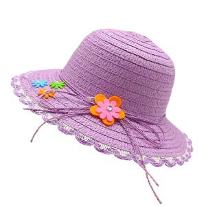 Palarie de soare, copii, model elegant pentru fetite, accesorizat cu flori multiple si fundita din sfoara, prindere sub barbie, margine fixa, tematica fashion summer, marime universala, mov