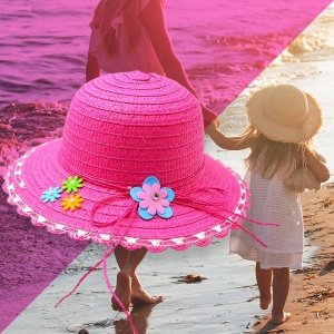Palarie de soare, copii, model elegant pentru fetite, accesorizat cu flori multiple si fundita din sfoara, prindere sub barbie, margine fixa, tematica fashion summer, marime universala, roz aprins - Img 3
