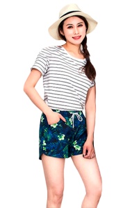 Pantaloni scurti de baie tip sort, albastru cu imprimeu frunze, femei, uscare rapida - Img 2