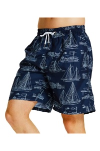 Pantaloni scurti de baie tip sort, barbati, imprimeu barci sailing, model sailing life, uscare rapida, albastru