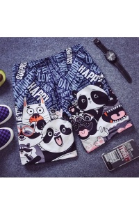 Pantaloni scurti de baie tip sort, barbati, imprimeu ursuleti panda si prietenii lor, model regatul animalelor fericite, uscare rapida, albastri - Img 2