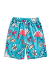 Pantaloni scurti de baie tip sort, barbati, model summer hot, imprimeu accesorii plaja, uscare rapida, albastru