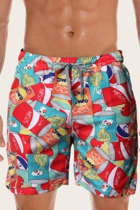 Pantaloni scurti de baie tip sort, barbati, multicolori, imprimeu vesel doze cu suc, uscare rapida - Img 3