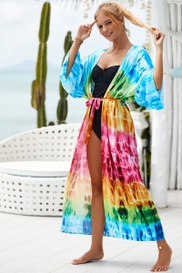 Pareo tip cover up, rochie pentru plaja sau strada, model vesel si elegant, maneci trei sferturi si prindere reglabila, tematica be special, multicolor - Img 2