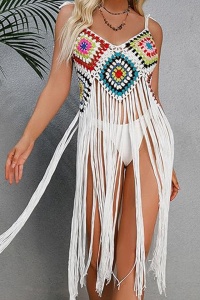 Pareo tip rochie pentru plaja, model cu franjuri transparent, tesatura traditionala, tematica crazy retro summer, alb - Img 3