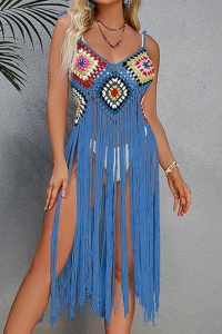 Pareo tip rochie pentru plaja, model cu franjuri transparent, tesatura traditionala, tematica crazy retro summer, albastru - Img 4