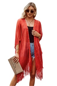 Pareo tip rochie pentru plaja sau strada, accesorizata cu perlute pe margine si fir scripitor, rosu