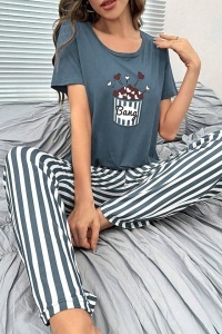 Pijama dama, set 2 piese, bluza cu maneca scurta si pantaloni lungi, model hazliu cu imprimeu grafic, tematica dream big, albastru - Img 4
