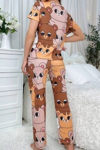Pijama dama, set 2 piese, bluza cu maneca scurta si pantaloni lungi, model cute cu imprimeu deosebit lumea ursuletilor, tematica happy bear familly, multicolor - Img 2