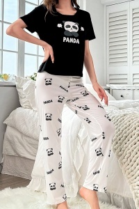 Pijama dama, set 2 piese, bluza cu maneca scurta si pantaloni lungi, model cute cu imprimeu ursulet panda bosumflat, tematica angry panda, negru cu alb - Img 3