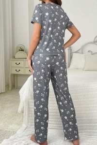 Pijama dama, set 2 piese, bluza cu maneca scurta si pantaloni lungi, model deosebit cu imprimeu floral, tematica lovely little flowers, gri - Img 2