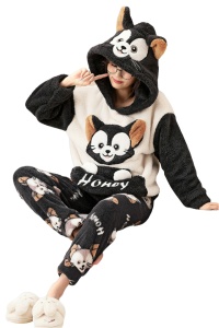 Pijama dama, set 2 piese, bluza maneca lunga cu gluga si pantaloni lungi, model cu animale, pisica honey, tematica I love winter, gri inchis
