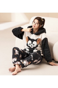 Pijama dama, set 2 piese, bluza maneca lunga cu gluga si pantaloni lungi, model cu animale, pisica honey, tematica I love winter, gri inchis - Img 4