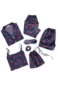 Pijama dama, set 7 piese, model confortabil, cu imprimeu buze senzuale, tematica fashion elegant, albastru