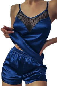 Pijama sexy dama, set 2 piese, top cu detaliu transparent la decolteu si pantaloni scurti, model confortabil elegant, albastru inchis
