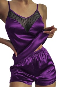 Pijama sexy dama, set 2 piese, top cu detaliu transparent la decolteu si pantaloni scurti, model confortabil elegant, mov - Img 3