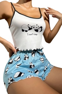 Pijama sexy dama, set 2 piese, top si pantaloni scurti, tematica I can’t sleep, model lazy panda, albastra