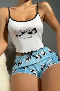 Pijama sexy dama, set 2 piese, top si pantaloni scurti, tematica I can’t sleep, model lazy panda, albastra - Img 4