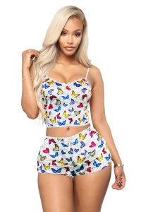 Pijama sexy dama, set 2 piese, top tip bustiera cu bretele subtiri si pantaloni scurti, model provocator, imprimeu grafic, fluturi, multicolor