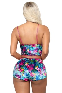 Pijama sexy dama, set 2 piese, top tip bustiera cu bretele subtiri si pantaloni scurti, model provocator, imprimeu grafic, fantezie cu flori, albastru cu roz - Img 3