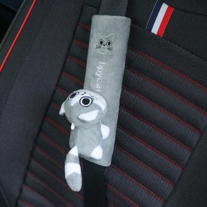 Protectie pentru centura de siguranta auto, pentru copii, model lumea animalelor, din material textil, prindere cu scai velcro, pisica, gri - Img 3