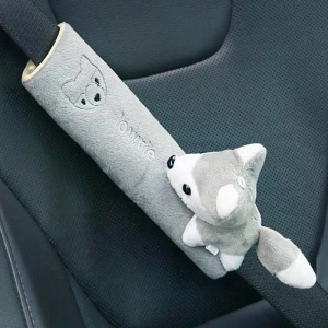 Protectie pentru centura de siguranta auto, pentru copii, model lumea animalelor, din material textil, prindere cu scai velcro, vulpe, gri deschis - Img 2