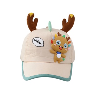 Sapca pentru copii, prindere reglabila cu scai, accesorizata cu urechiuse de ren si figurine colorate, model vesel, tematica party time, 2 – 7 ani, bej