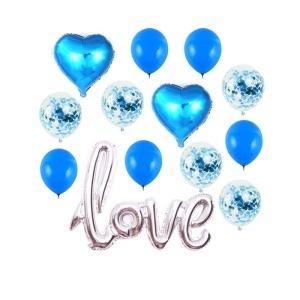 Set 13 baloane indragostiti, decor „Love“, simple si cu confeti, albastre