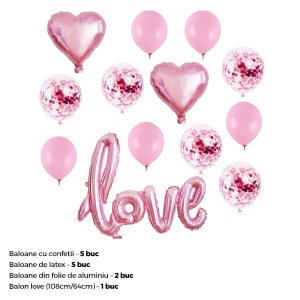 Set 13 baloane indragostiti, decor „Love“, simple si cu confeti, roz - Img 2