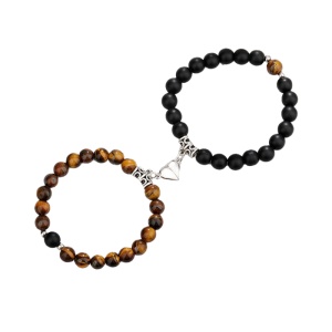 Set 2 bratari cuplu cu magnet inima, roca semipretioasa, neagra si maro, unisex