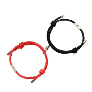Set 2 bratari cuplu cu magnet rotund, tip sfoara, rosu cu negru