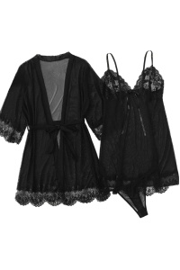 Set 3 piese, pijama sexy, halat, bustiera si chiloti tanga, negru - Img 2