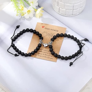 Set bratari cuplu cu inimioara magnet, roca semipretioasa, negre, reglabile, unisex - Img 2