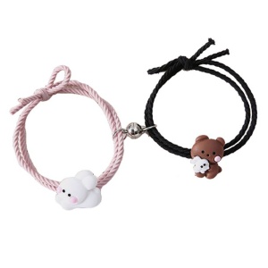 Set bratari cuplu cu magnet, 2 bucati, reglabile, tip sfoara neagra si roz, pandantiv ursulet si iepuras, unisex