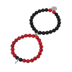 Set bratari cuplu cu magnet, roca semipretioasa, pandantive soare si luna, unisex, neagra si rosie