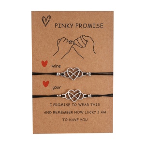 Set bratari cuplu pinky promise, pandantiv inima si semnul infinitului, reglabile, din sfoara, negre