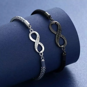 Set bratari cuplu, reglabile, accesoriu semnul infinutului, unisex, neagra si argintie - Img 3