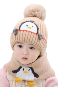 Set caciula copii cu fular pentru iarna, model pinguin vesel, 6 luni – 3 ani, bej - Img 2