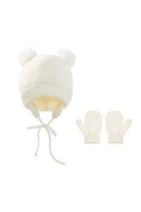 Set caciula copii cu manusi pentru iarna, model cu urechi pom pom, 1-4 ani, alb