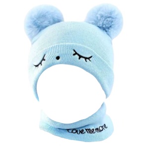 Set caciula iarna cu fular pentru copii, model cu urechi pom pom pufoase si sprancene, tematica love me more, marime universala, albastru deschis